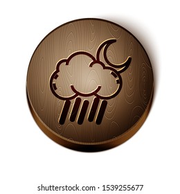 Brown line Cloud with rain and moon icon isolated on white background. Rain cloud precipitation with rain drops. Wooden circle button. Vector Illustration