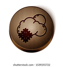 Brown line Cloud with snow and sun icon isolated on white background. Cloud with snowflakes. Single weather icon. Snowing sign. Wooden circle button. Vector Illustration