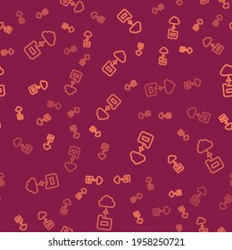 Brown line Cloud technology data transfer and storage icon isolated seamless pattern on red background.  Vector