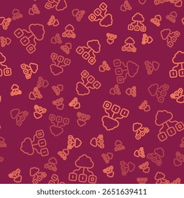 Brown line Cloud transferência de dados tecnologia e ícone de armazenamento isolado padrão contínuo no fundo vermelho.  Vetor