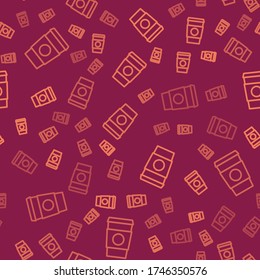 Brown line Coffee cup to go icon isolated seamless pattern on red background.  Vector Illustration