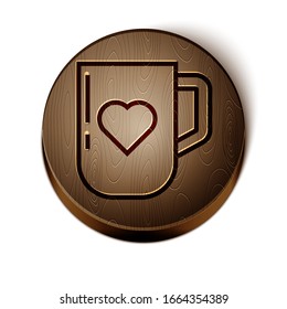 Brown line Coffee cup and heart icon isolated on white background. Couple coffee for lovers on Valentines Day. Wooden circle button. Vector Illustration