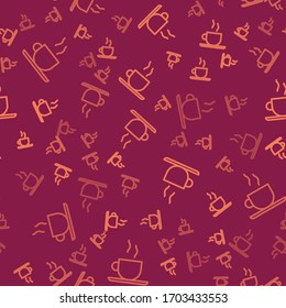 Brown line Coffee cup icon isolated seamless pattern on red background. Tea cup. Hot drink coffee.  Vector Illustration