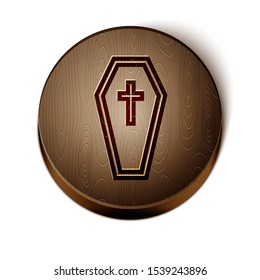 Brown line Coffin with christian cross icon isolated on white background. Happy Halloween party. Wooden circle button. Vector Illustration