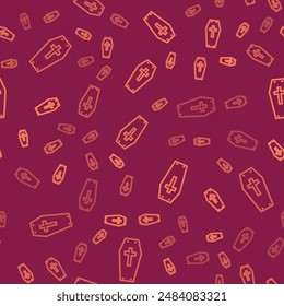 Brown line Coffin with christian cross icon isolated seamless pattern on red background. Happy Halloween party.  Vector
