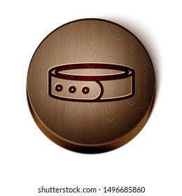 Brown line Collar with name tag icon isolated on white background. Simple supplies for domestic animal. Cat and dog care. Pet chains. Wooden circle button. Vector Illustration