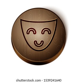 Brown line Comedy theatrical mask icon isolated on white background. Wooden circle button. Vector Illustration