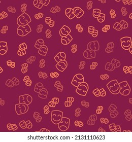 Brown line Comedy and tragedy theatrical masks icon isolated seamless pattern on red background.  Vector