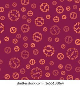 Icono de brújula de línea marrón aislado sin fisuras en fondo rojo. Símbolo de navegación de Windrose. Signo de rosa eólica.  Ilustración vectorial