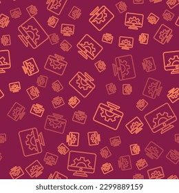 Brown line Computer monitor and gear icon isolated seamless pattern on red background. Adjusting, service, setting, maintenance, repair, fixing.  Vector Illustration