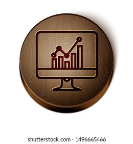 Brown line Computer monitor with graph chart icon isolated on white background. Report text file icon. Accounting sign. Audit, analysis, planning. Wooden circle button. Vector Illustration