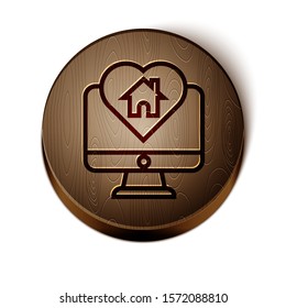 Brown line Computer monitor with house in heart shape icon isolated on white background. Love home symbol. Family, real estate and realty. Wooden circle button. Vector Illustration