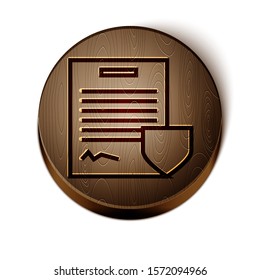 Brown line Contract with shield icon isolated on white background. Insurance concept. Security, safety, protection, protect concept. Wooden circle button. Vector Illustration