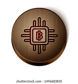 Brown line CPU mining farm icon isolated on white background. Bitcoin sign inside processor. Cryptocurrency mining community. Digital money. Wooden circle button. Vector Illustration