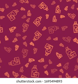 Brown line Cream or lotion cosmetic tube icon isolated seamless pattern on red background. Body care products for men.  Vector Illustration