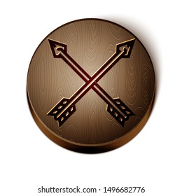 Brown line Crossed arrows icon isolated on white background. Wooden circle button. Vector Illustration