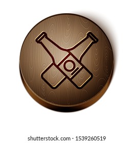 Brown line Crossed beer bottle icon isolated on white background. Wooden circle button. Vector Illustration