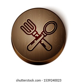 Brown line Crossed fork and spoon icon isolated on white background. Cooking utensil. Cutlery sign. Wooden circle button. Vector Illustration
