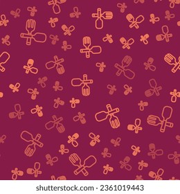 Brown line Crossed fork and spoon icon isolated seamless pattern on red background. Cooking utensil. Cutlery sign.  Vector