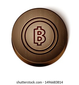 Brown line Cryptocurrency coin Bitcoin icon isolated on white background. Physical bit coin. Blockchain based secure crypto currency. Wooden circle button. Vector Illustration