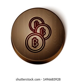 Brown line Cryptocurrency coin Bitcoin icon isolated on white background. Physical bit coin. Blockchain based secure crypto currency. Wooden circle button. Vector Illustration