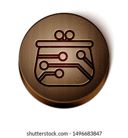 Brown line Cryptocurrency wallet icon isolated on white background. Wallet and bitcoin sign. Mining concept. Money, payment, cash, pay icon. Wooden circle button. Vector Illustration