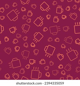 Brown line Cup of tea icon isolated seamless pattern on red background.  Vector