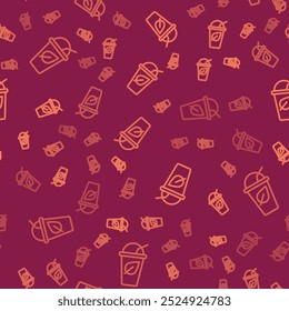 Brown line Cup of tea with leaf icon isolated seamless pattern on red background. Sweet natural food.  Vector