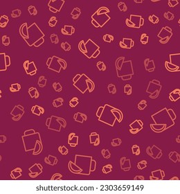 Brown line Cup of tea with lemon icon isolated seamless pattern on red background.  Vector