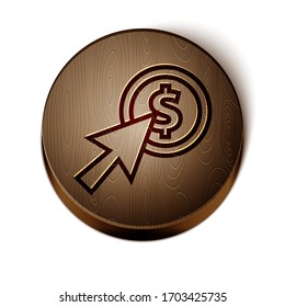 Cursor de línea marrón y icono de moneda aislado en fondo blanco. Símbolo dólar o USD. Signo de divisa bancaria en efectivo. Botón de círculo de madera. Ilustración vectorial