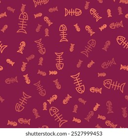 Brown line Dead fish icon isolated seamless pattern on red background.  Vector
