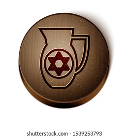 Brown line Decanter with star of david icon isolated on white background. Pottery jug. Organic product in carafe. Wooden circle button. Vector Illustration