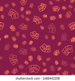 Brown line Deck of playing cards icon isolated seamless pattern on red background. Casino gambling.  Vector Illustration