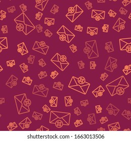 Brown line Delete envelope icon isolated seamless pattern on red background. Delete or error letter. Cross on message. Rejected mail.  Vector Illustration