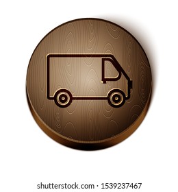 Brown line Delivery cargo truck vehicle icon isolated on white background. Wooden circle button. Vector Illustration