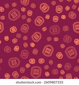 Brown line Delivery security with shield icon isolated seamless pattern on red background. Delivery insurance. Insured cardboard boxes beyond the shield.  Vector Illustration