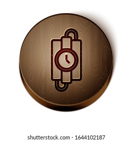 Brown line Detonate dynamite bomb stick and timer clock icon isolated on white background. Time bomb - explosion danger concept. Wooden circle button. Vector Illustration