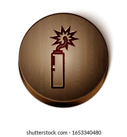 Brown line Detonate dynamite bomb stick clock icon isolated on white background. Time bomb - explosion danger concept. Wooden circle button. Vector Illustration