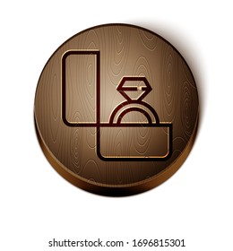 Línea marrón Icono de anillo de compromiso de diamantes aislado en fondo blanco. Botón de círculo de madera. Ilustración vectorial