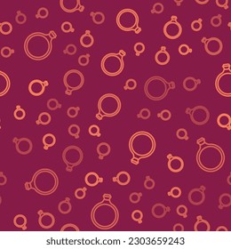 Línea marrón Icono del anillo de compromiso de diamante aislado patrón sin fisuras sobre fondo rojo.  Vector