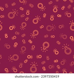 Línea marrón Icono del anillo de compromiso de diamante aislado patrón sin fisuras sobre fondo rojo.  Vector