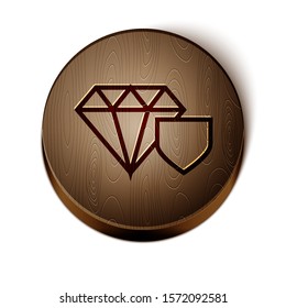 Brown line Diamond with shield icon isolated on white background. Jewelry insurance concept. Security, safety, protection, protect concept. Wooden circle button. Vector Illustration