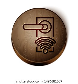 Brown line Digital door lock with wireless technology for unlock icon isolated on white background. Door handle sign. Security smart home. Wooden circle button. Vector Illustration