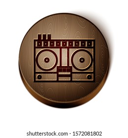 Brown line DJ remote for playing and mixing music icon isolated on white background. DJ mixer complete with vinyl player and remote control. Wooden circle button. Vector Illustration