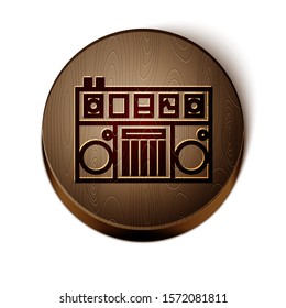 Brown line DJ remote for playing and mixing music icon isolated on white background. DJ mixer complete with vinyl player and remote control. Wooden circle button. Vector Illustration