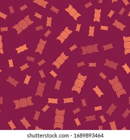 Brown line DNA symbol icon isolated seamless pattern on red background.  Vector Illustration