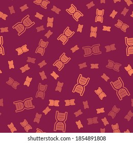 Brown line DNA symbol icon isolated seamless pattern on red background.  Vector