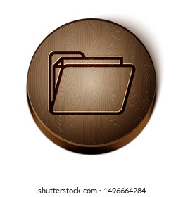 Brown line Document folder icon isolated on white background. Accounting binder symbol. Bookkeeping management. Wooden circle button. Vector Illustration