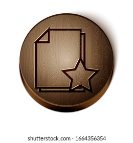 Brown line Document with star icon isolated on white background. Document best, favorite, rating symbol. Wooden circle button. Vector Illustration