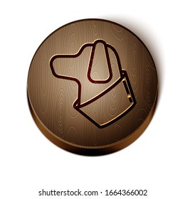 Brown line Dog icon isolated on white background. Wooden circle button. Vector Illustration